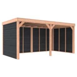 Overkapping Douglas Hout Zwart Met Achterwand En 2 Zijwanden 270x522 Cm